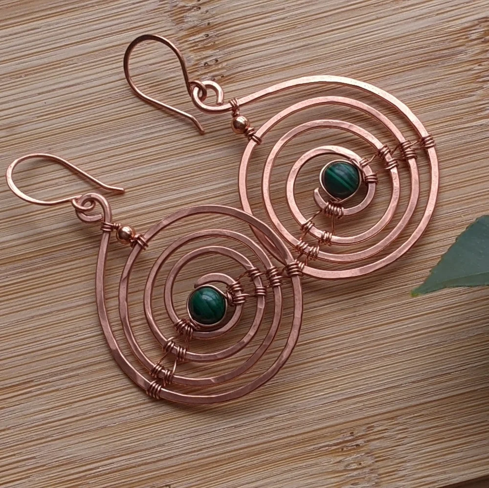 Industrial Urban Copper Spiral Earrings Natural Malachite Gems Earthy Bold - Picture 5 of 12